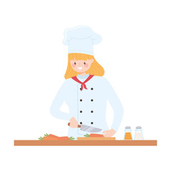 female chef cutting carrots in the wood board cartoon