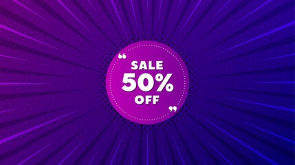 Sale 50 percent off banner. Purple background with offer message. Discount sticker shape. Coupon bubble icon. Best advertising coupon banner. Sale 50 badge shape. Abstract background. Vector