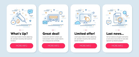 Set of Business icons, such as Medical syringe, Parking garage, Touch screen symbols. Mobile screen app banners. Smile line icons. Vaccination, Automatic door, Web support. Certificate. Vector