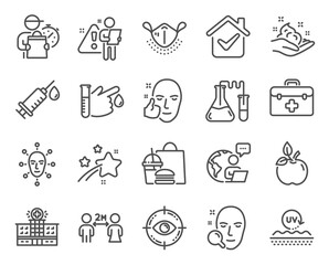 Healthcare icons set. Included icon as Chemistry lab, Healthy face, Uv protection signs. Face search, Blood donation, First aid symbols. Eco food, Hospital building, Medical mask. Vector
