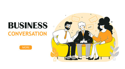 Business negotiation, conversation, flat vector landing page template. Business people talking at table.