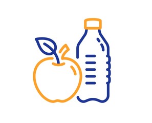 Obraz premium Healthy food and drink line icon. Water with apple sign. Gym fit bottle symbol. Quality design element. Line style healthy food icon. Editable stroke. Vector