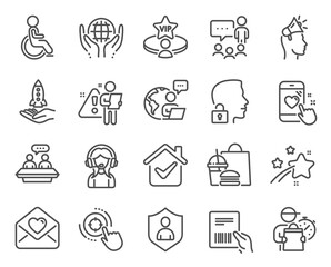 People icons set. Included icon as Crowdfunding, Disabled, Seo target signs. Heart rating, Love letter, People chatting symbols. Organic tested, Support, Employees talk. Brand ambassador. Vector