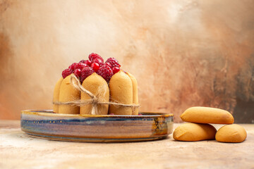 Horizontal view of freshly baked soft cake with fruits and biscuits on mixed color background