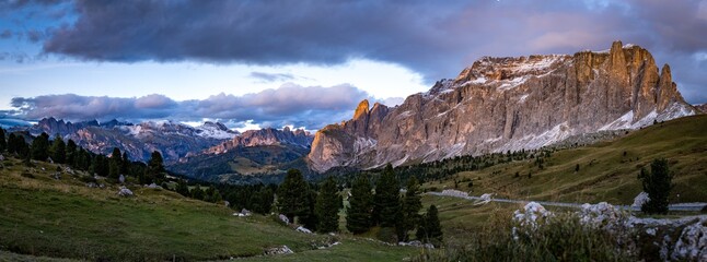 panorama view on austrian mountains of dolomites at dawn