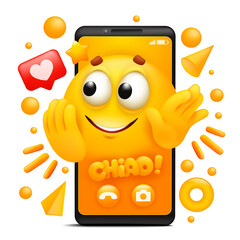 Chiao sticker. Yellow cartoon emoji character. Smartphone application template.