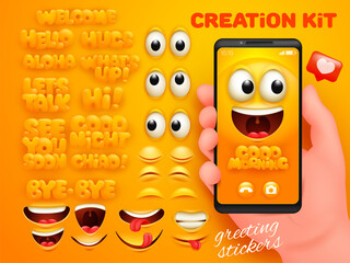 Diy creation kit. Yellow cartoon emoji character. Smartphone application template.