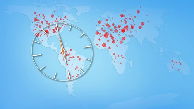 Running Out of Time Covid World Map 4K Loop features a world map with animated red hotspots and a clock with spinning hands in a loop - Powered by Adobe