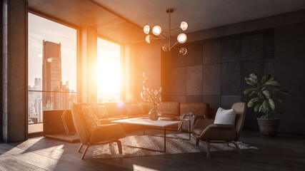Modern interior of a living room. Penthouse Loft with dark stone walls (3d Rendering)