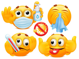 Coronavirus protection card. Set of four emoji cartoon characters in various emotions.