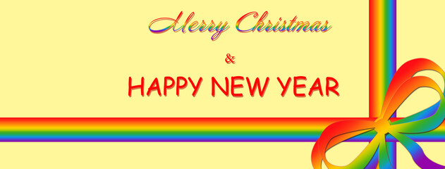 Christmas card, banner with a ribbon in rainbow colors and inscription in red and rainbow colors on light yellow background.