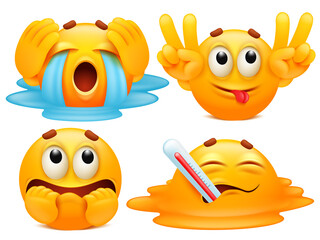 Collection of stickers fo smartphone application. Set of four emoji cartoon characters in various emotions.