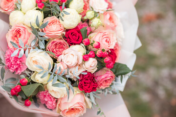Beautiful bouquet flower for wedding background.  Flat lay. Nature concept. Floral Greeting card. Colorful spring flower background, space for text. Nature Trendy Decorative Design.