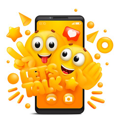 Lets talk sticker. Yellow cartoon couple of emoji characters. Smartphone application template.