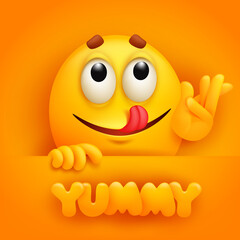 Yummy card. Cute emoji cartoon character on yellow backround
