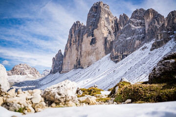 View on snow covered Tre Cime di Lavaredo in winter