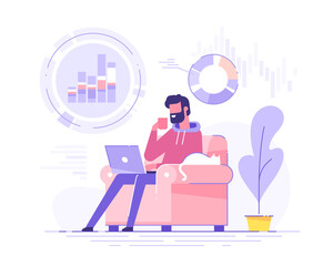 Fototapeta na wymiar Handsome businessman analyzing data on his laptop in home interior. Data science concept. Business charts and diagrams. Remore work and freelance. Quarantine. Modern vector illustration.