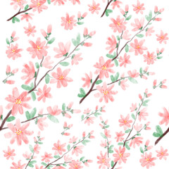 Spring blossom branches pattern with watercolour texture on white background