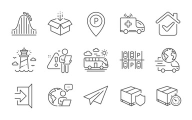 Fototapeta premium Exit, Lighthouse and Delivery timer line icons set. Bus travel, Delivery service and Ambulance car signs. Parking, Parking place and Paper plane symbols. Get box, Roller coaster. Vector
