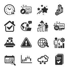 Set of Science icons, such as 24 hours, Employees wealth, Snow weather symbols. 3d chart, 5g internet, Candlestick graph signs. International Copyright, Employees talk, Medical calendar. Vector
