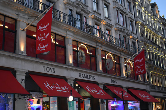 Hamleys in its famous location at Regent Street Soho London, UK on December 15 2020 is the finest toy shop in the world Kids laugh at professional entertainment explore toys play games on seven floors
