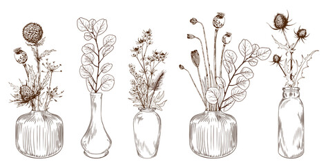 Set of hand drawn flowers in vases. - 399860165