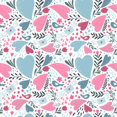 Seamless pattern for Valentine's Day in doodle style. Multicolored hearts, birds, flowers and envelopes on a white background.