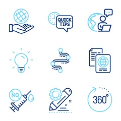Science icons set. Included icon as 360 degrees, Safe planet, Project edit signs. Coronavirus vaccine, Quick tips, Passport document symbols. Light bulb, Timeline line icons. Line icons set. Vector