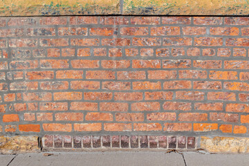 Shabby chic old red clay brick wall texture background in common bond pattern, with an attractive weathered surface, and gray mortar, and partial view of a sidewalk

