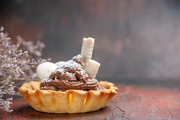 front view delicious creamy cake on the dark background biscuit sweet cake dessert