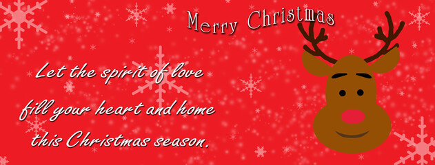 Christmas banner, card withe a reindeer and christmas wishes on coral bakcground with a glow and snowflakes.