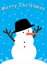 Christmas card with a snowman on light blue background with snowflakes. 