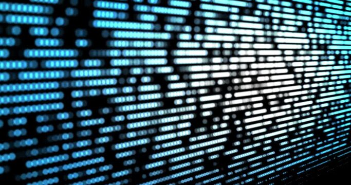 Abstract background concept for data network and analysis. Grid of glowing bright point and geometric pattern moving on dark background. Technology data visualization transfer. Connection and network