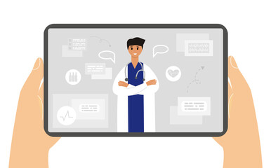 Online medicine and smart healthcare concept illustration with videocalling on tablet. Online medical advise or consultation service, tele medicine. Vector illustration for websites.