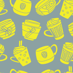 Christmas and winter drinks. Seamless pattern background with hand drawn illustrations of cozy home things. Yellow and gray vector illustration.
