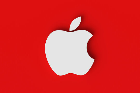 Apple logo white color on red background. Famous company. Popular electronics manufacturer iphone, ipad, macbook. 3d rendering