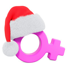 Female gender symbol with Santa Claus red Christmas hat, 3D rendering
