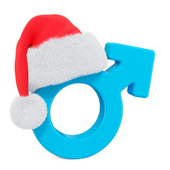 Male gender symbol with Santa Claus red Christmas hat, 3D rendering