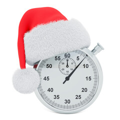 Stopwatch with Santa Claus red Christmas hat. 3D rendering