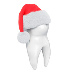 Tooth with Santa Claus red Christmas hat, 3D rendering