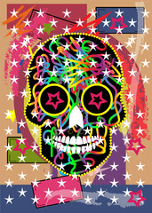 Mexican skull with colors and stars, pop art vector background.