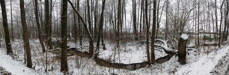 Panorama of stream running through snow covered forest. Nature, jacket. Depressed mood concept.
