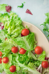Beige plate with salad and cherry on a blue background