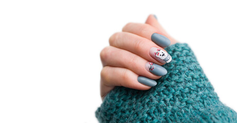 Nails Design. Hands With Snowman. Christmas blue Manicure isolated on white Background. Close Up Of Female Hands. Art Nail.