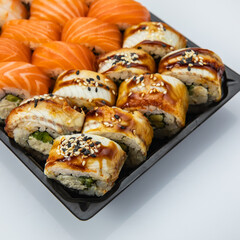 set of roles of Japanese cuisine. From smoked salmon, eel, tuna
