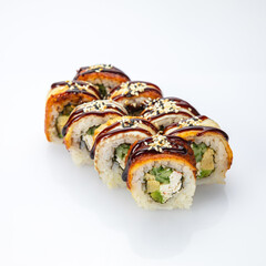 Japanese cuisine. Sushi roll with smoked eel on white background.