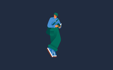 Abstract casual dressed character reading a book. Adult male tourist consulting a guide illustration. Copy space color background. 