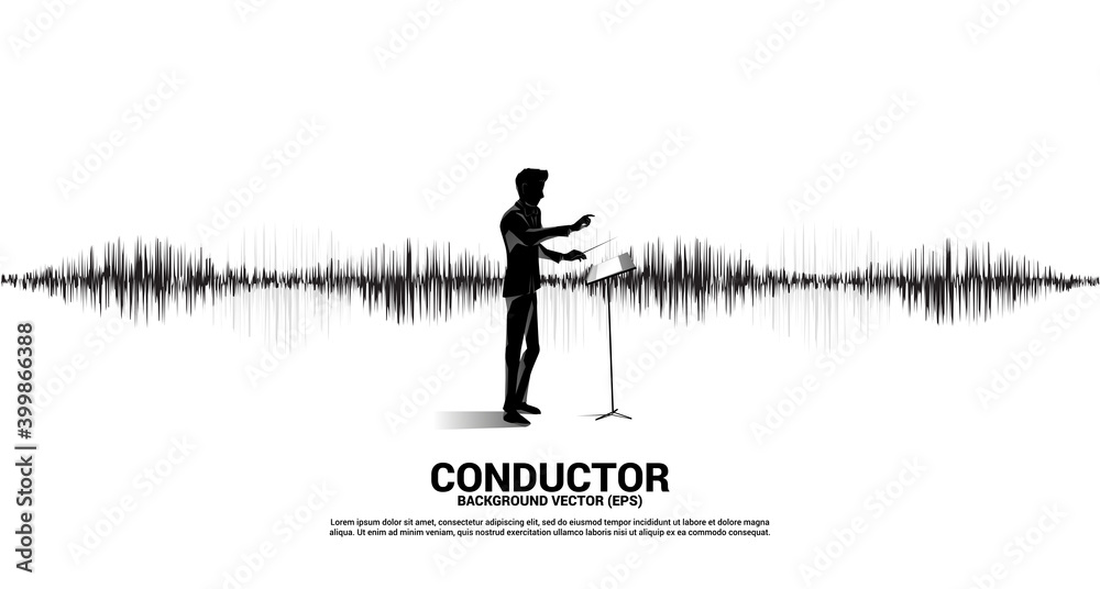 Poster vector silhouette of conductor with sound wave music equalizer background. concept background for cl