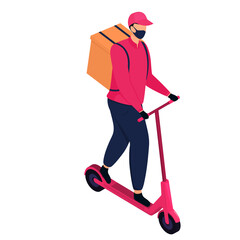 Isometric delivery man in a protective mask delivering parcels by a electric scooter