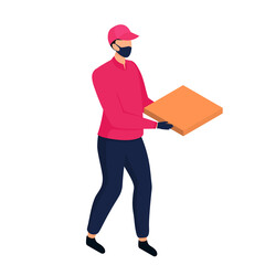 Isometric delivery man in a protective mask delivering parcels by foot